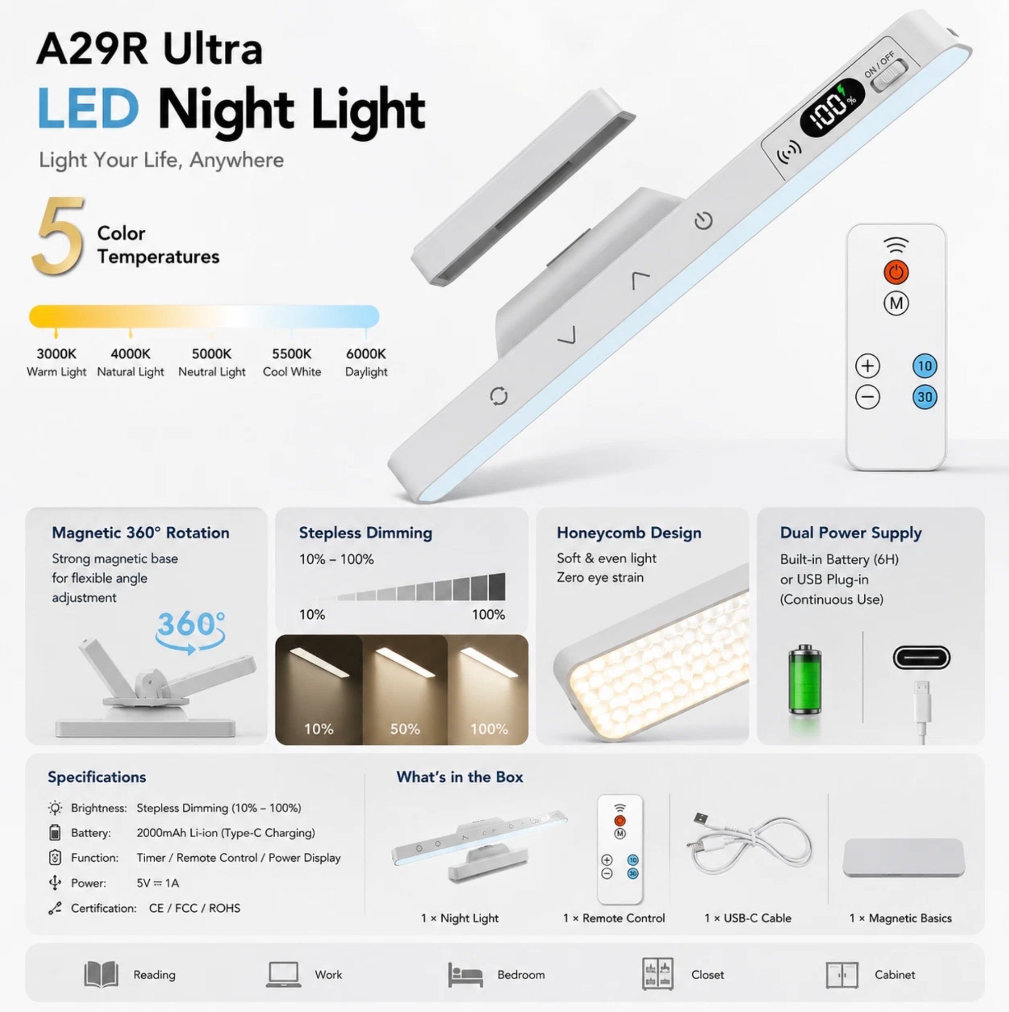 6000K RECHARGEABLE REMOTE CONTROL DIMMABLE STRIP LIGHT