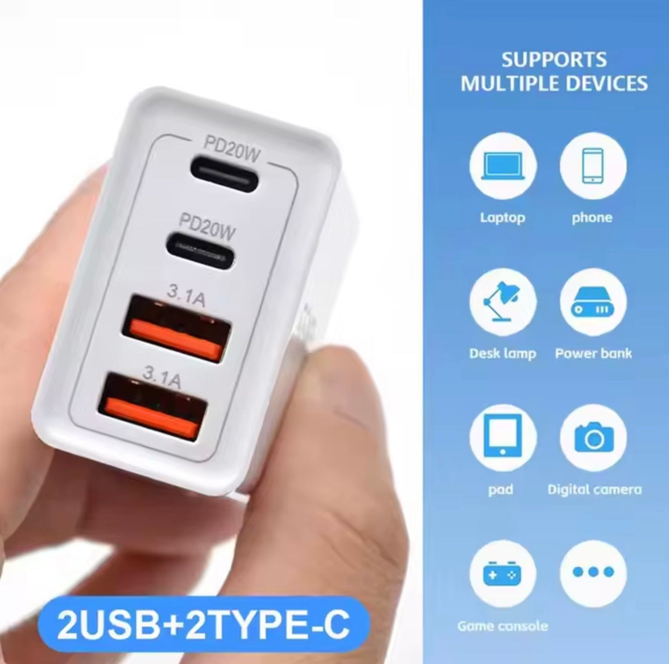FAST CHARGER - 4 PORTS 2X USB AND 2 X TYPE C