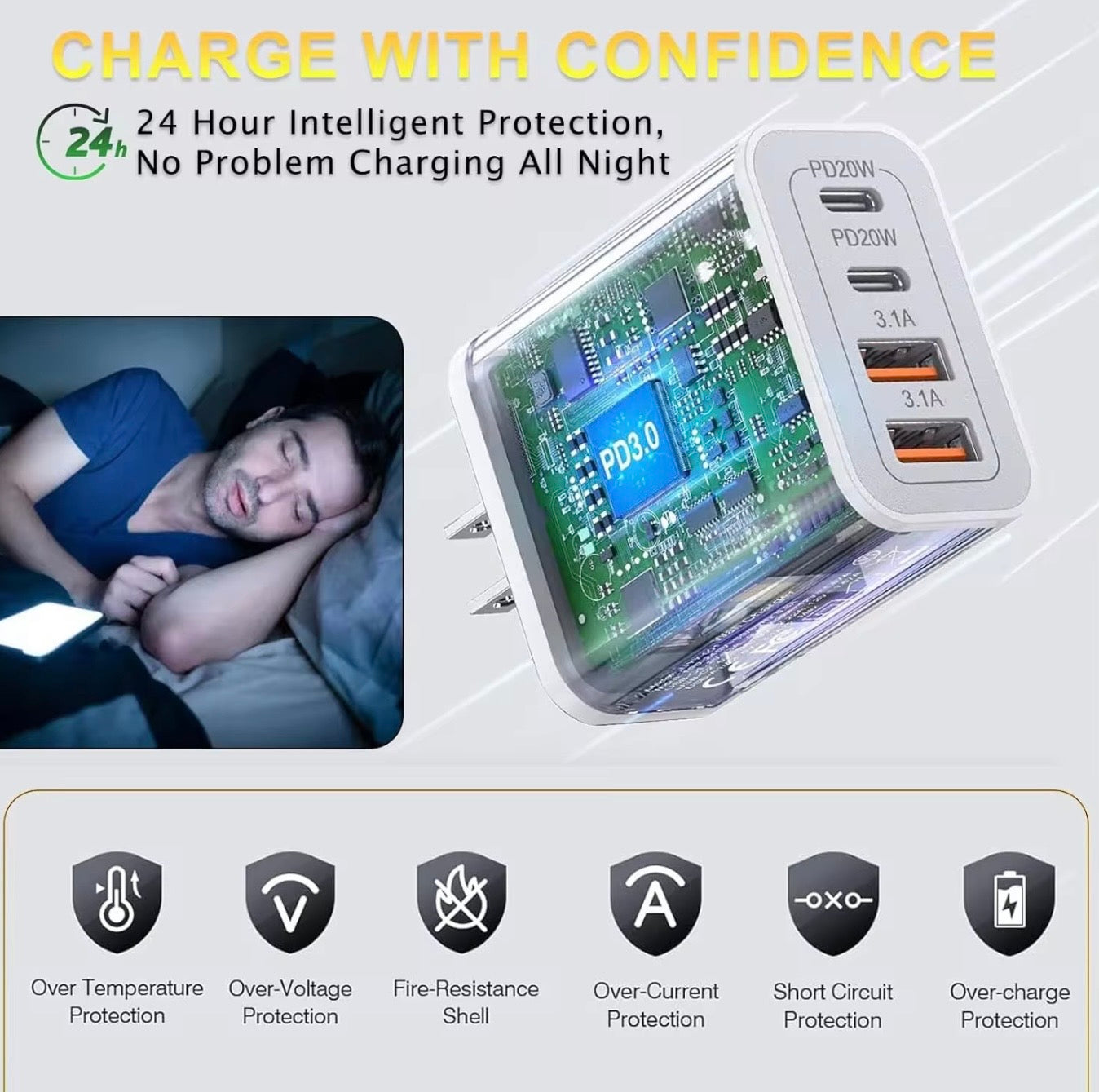 FAST CHARGER - 4 PORTS 2X USB AND 2 X TYPE C