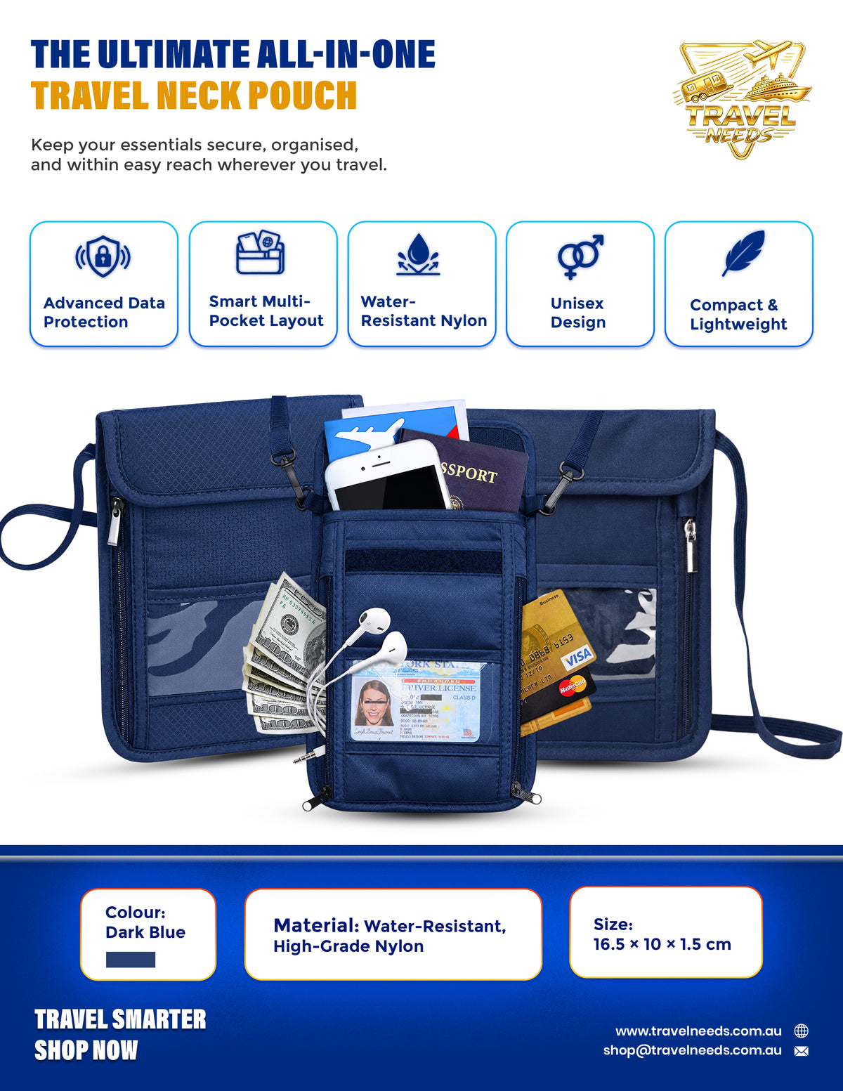 PASSPORT,CARDS AND VALUABLES NECK POUCH