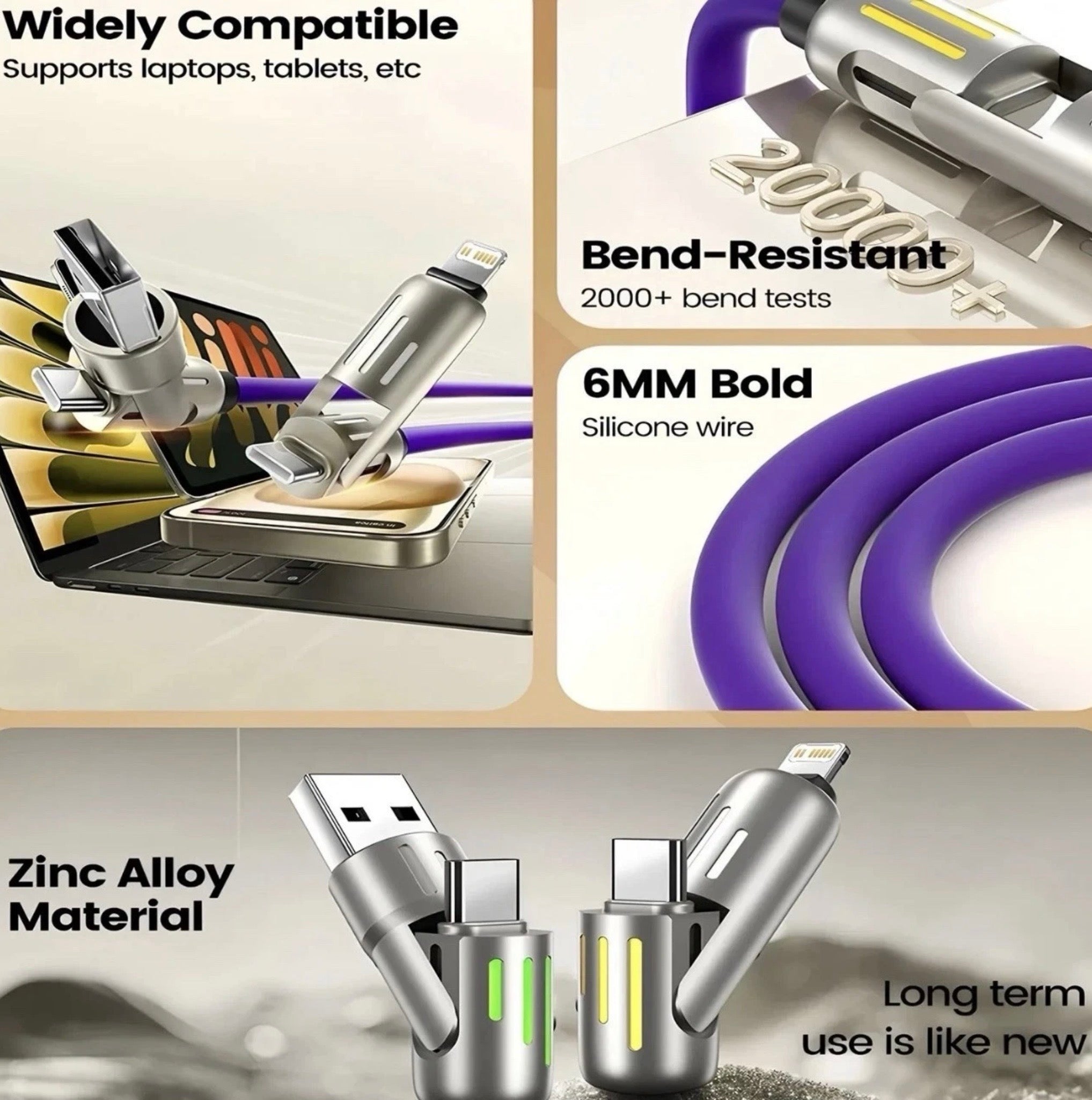 2.0metre LONG ULTRA FAST CHARGING CABLE - USB- TYPE C - LIGHTING - COMPATIBLE WITH BOTH ANDROID AND APPLE DEVICES.
